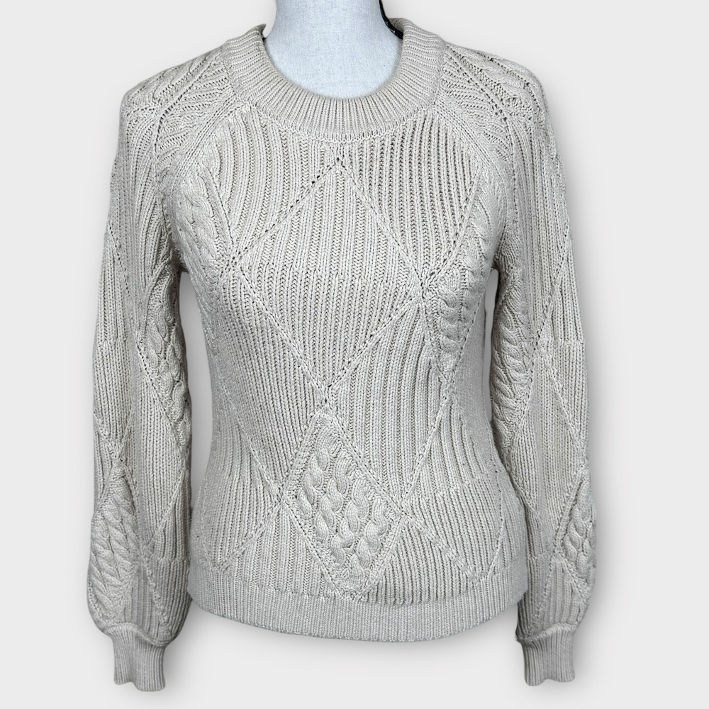Elie Tahari Womens Cream Cable Knit Diamond Pattern Sweater Ultra Soft Size XS‎